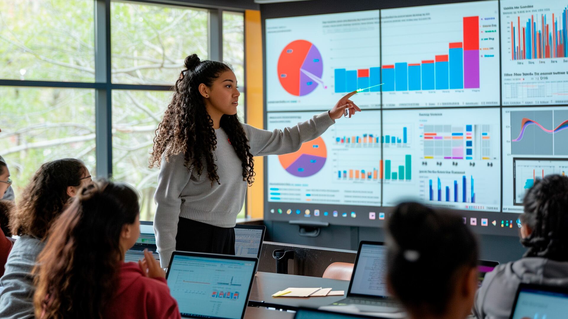 Estudiante hispano muestra gráficos interactivos, presenta proyectos, tecnología educativa, colaboración entre compañeros de clase. - (Imagen Ilustrativa Infobae)