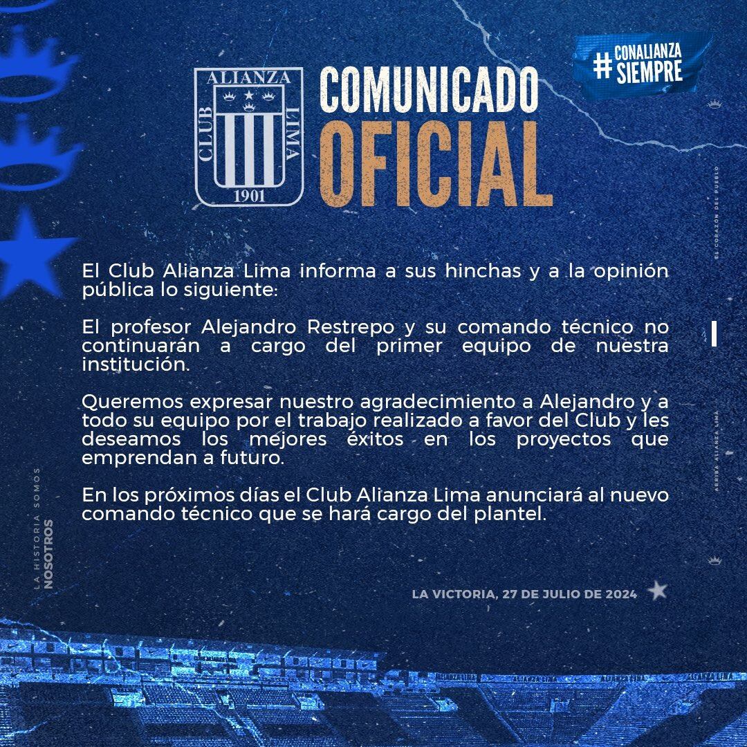 Comunicado de Alianza Lima sobre la salida de Alejandro Restrepo.