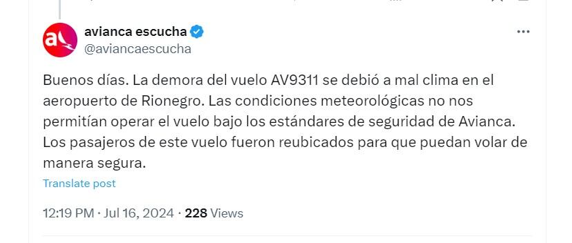 Avianca respondió a las quejas del representante Alejandro Toro - crédito @aviancaescucha