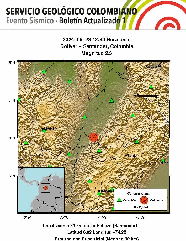 Sobre el mediodía ocurrió un movimiento telúrico en Bolivar - Santander - crédito @sgcol/X