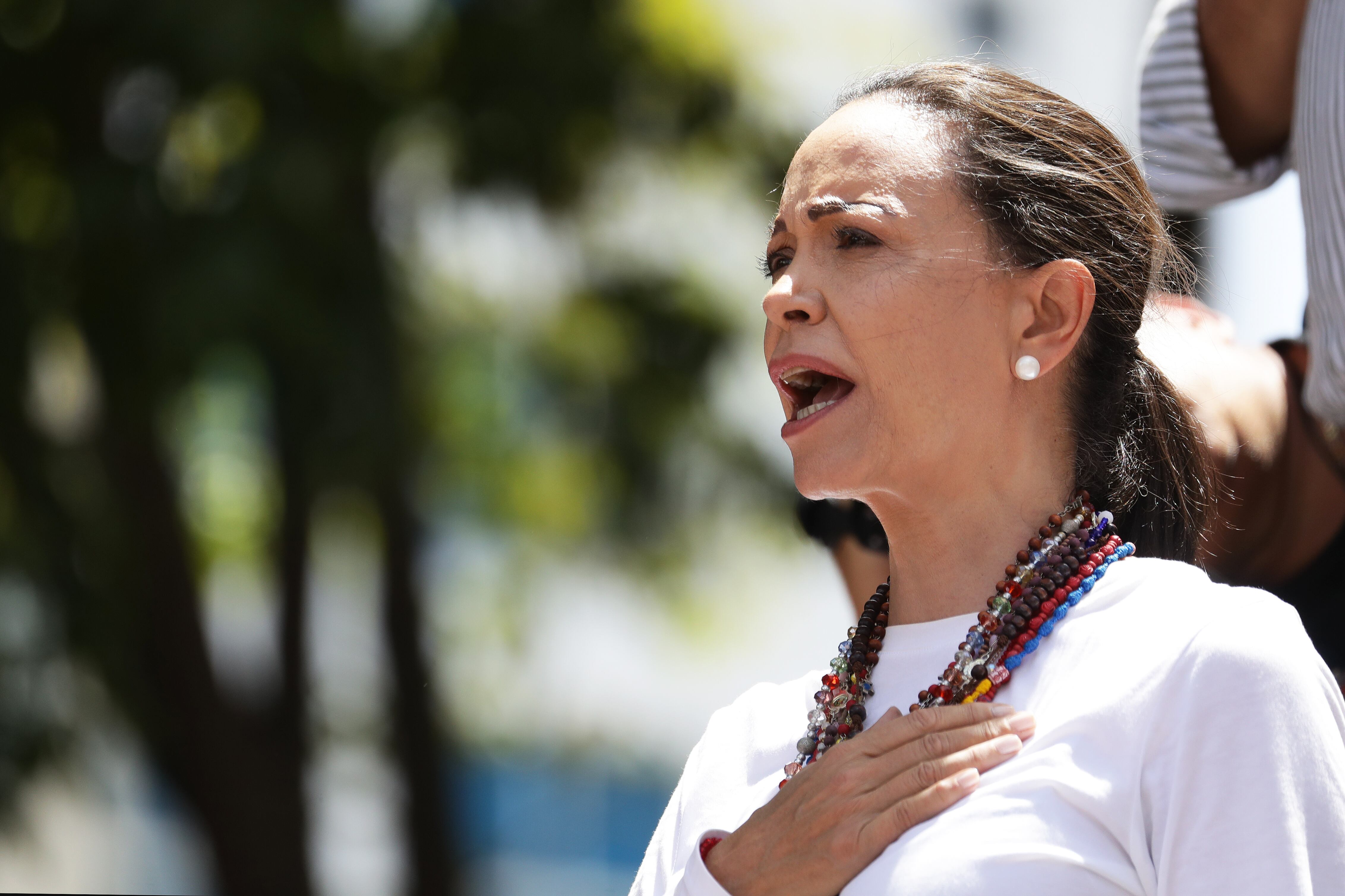 La líder opositora de Venezuela María Corina Machado asiste a una protesta en Caracas (Venezuela). EFE/ Ronald Peña R.
