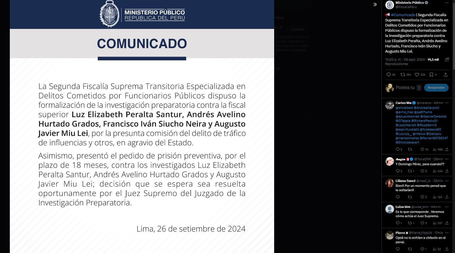 Fiscalía pide prisión preventiva de 18 meses para Chibolín, Elizabeth Peralta y Miu Lei en caso de tráfico de influencias