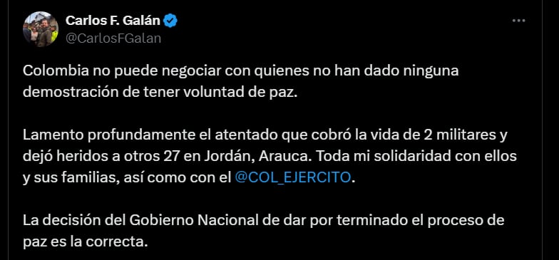 Reacción de Carlos Fernando Galán al anuncio del presidente Petro - crédito @CarlosFGalan/X