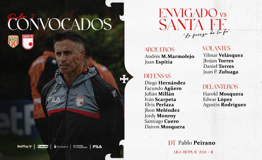 Estos son los jugadores que tiene el estratega uruguayo Pablo Peirano para el partido de esta tarde ante Envigado-crédito @SantaFe/X