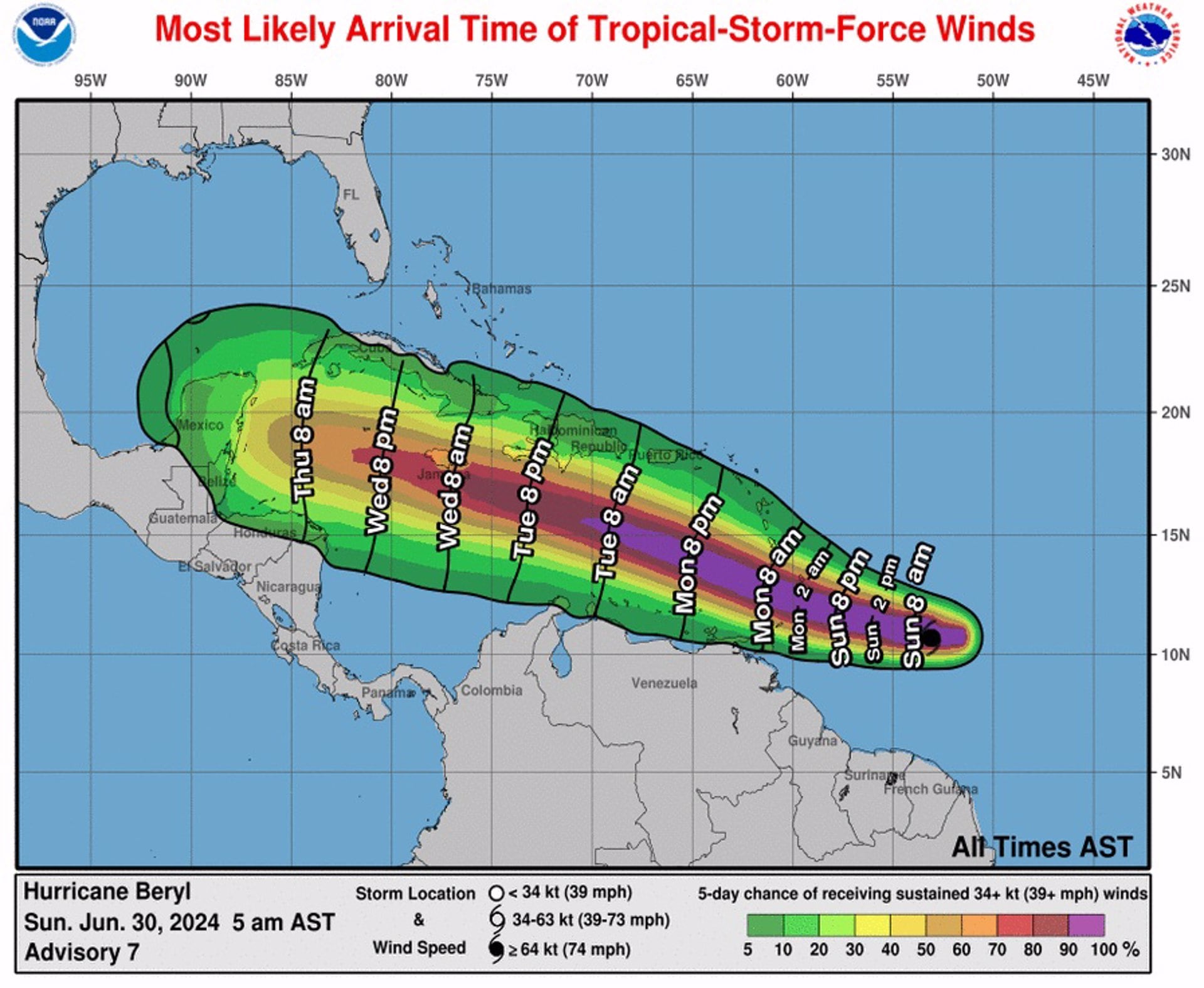 La NOAA informó que Beryl se fortaleció hasta convertirse en huracán de categoría 4 el 30 de junio. (Centro Nacional de Huracanes)