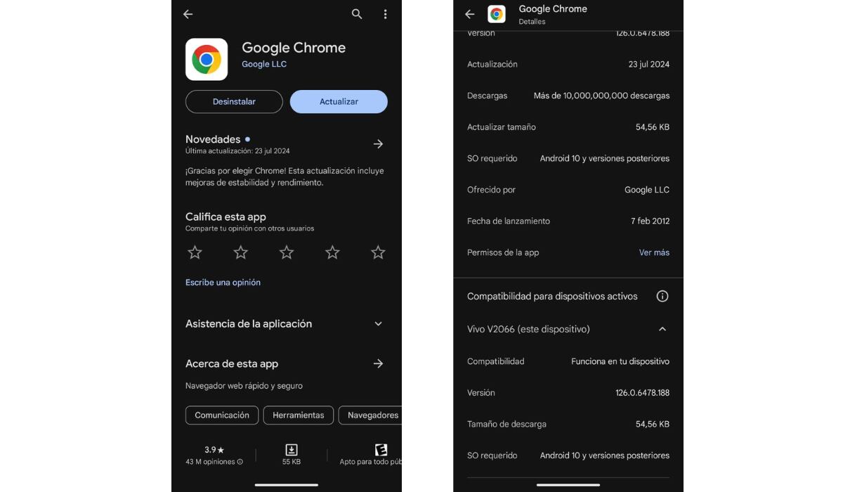 En dispositivos móviles, los usuarios pueden verificar la versión de su Google Chrome en Play Store. (Play Store)