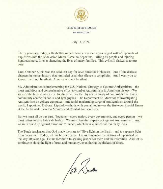 Joe Biden Carta por AMIA