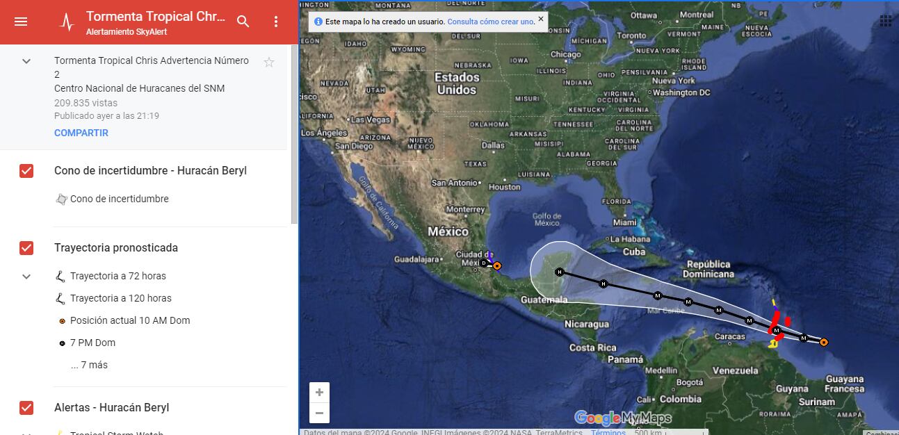 Huracán Beryl, google maps