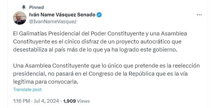 El presidente del Senado, Iván Name, arremetió contra la propuesta de constituyente del Gobierno- crédito @IvanNameVasquez/X