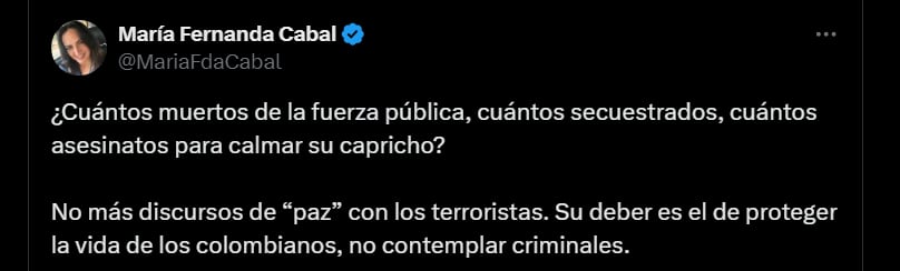 Reacción de María Fernanda Cabal por anuncio del presidente Petro - crédito @MariaFdaCabal/X