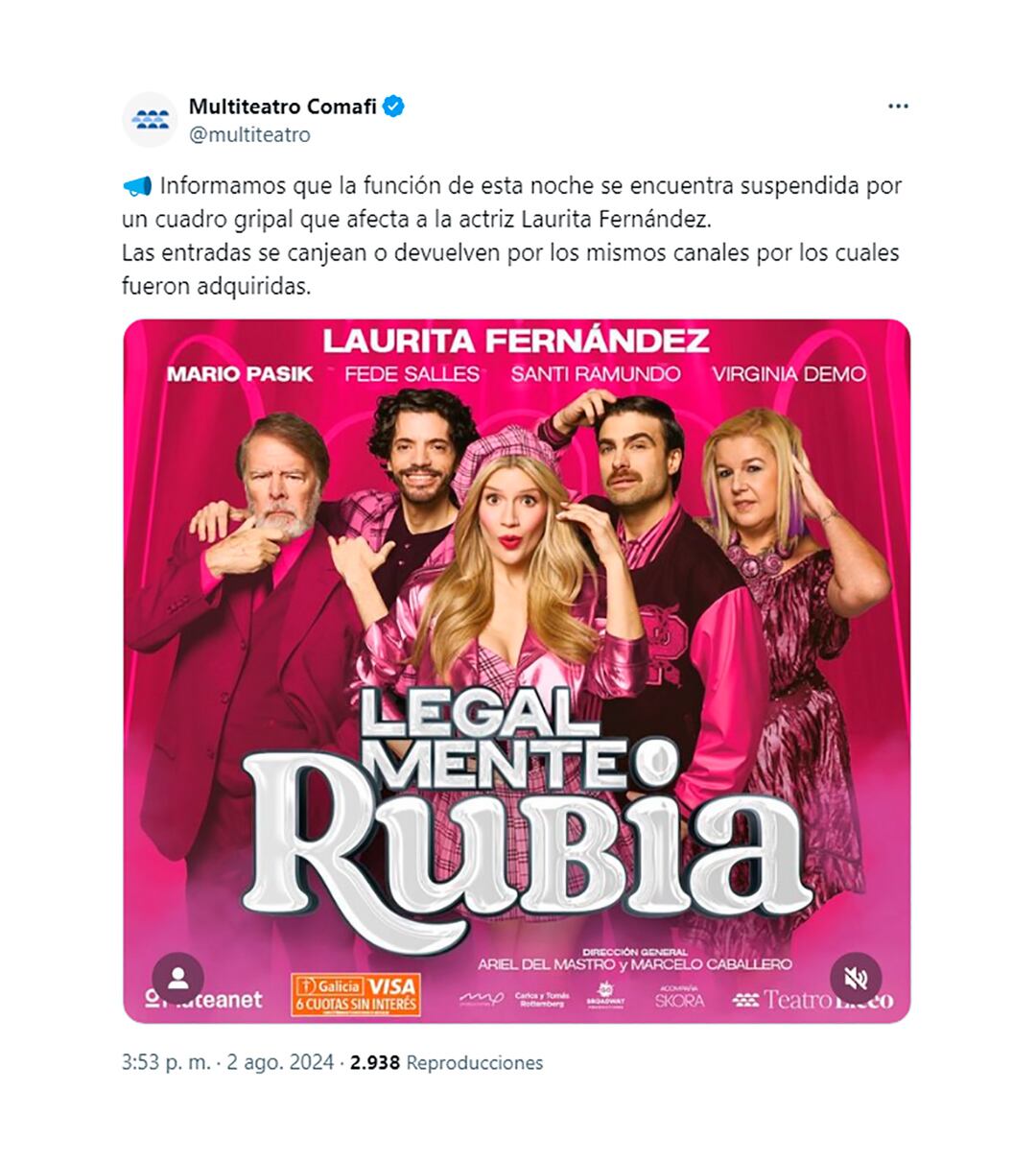 Laurita Fernández suspendió la función de Legalmente rubia