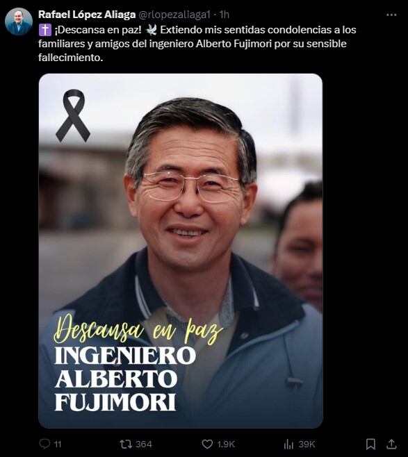 Rafael López Aliga lamentó muerte del exmandatario Alberto Fujimori. (Fuente: X/ @rlopezaliaga1)