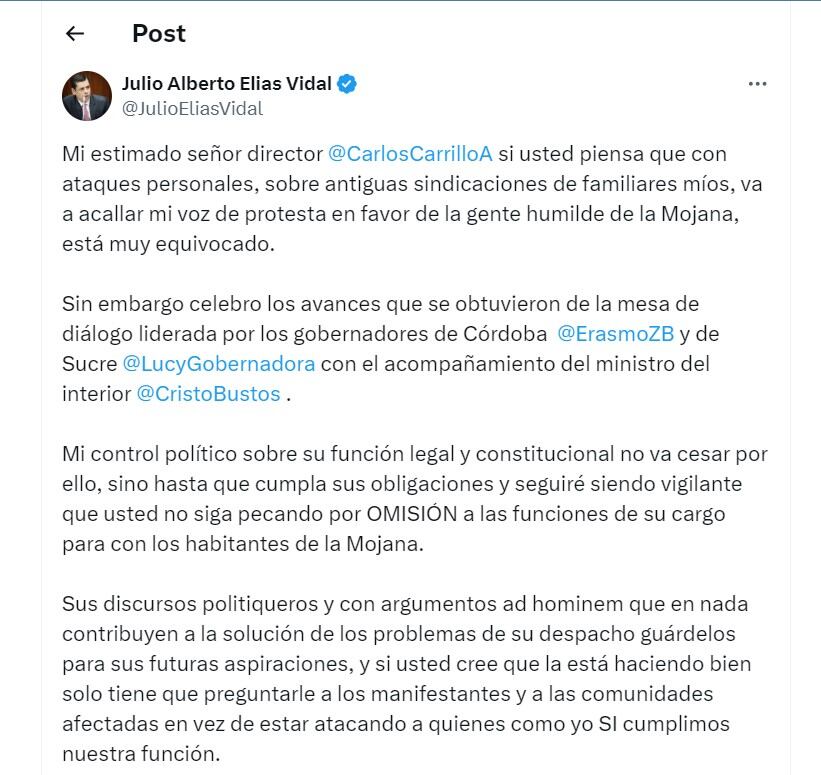 Julio Alberto Elías Vidal  le responde a Carlos Carrillo por hablar de la captura reciente de su hermano - crédito @JulioEliasVidal