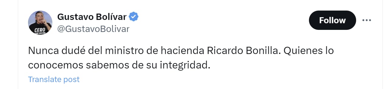 Gustavo Bolívar salió en defensa de Ricardo Bonilla - crédito @GustavoBolivar/X