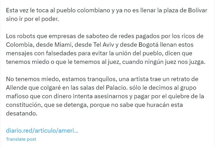 El mandatario también advirtió que un grupo de la mafia estaría detrás de un plan para acabar con su vida - crédito @petrogustavo/X