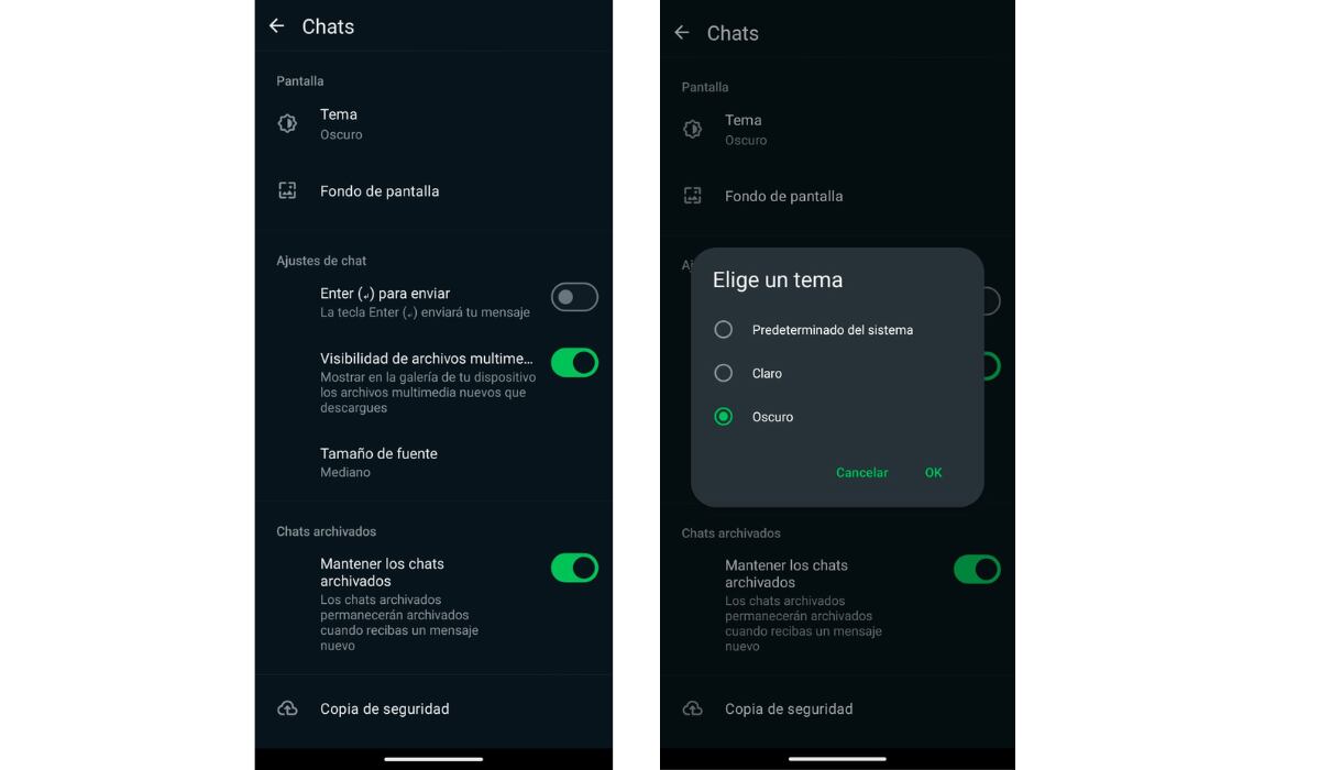 WhatsApp ofrece dos temas en su interfaz. (WhatsApp)