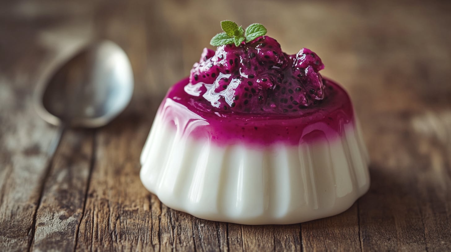 Gelatina blanca de yogurt con salsa de red dragon fruit, postre cremoso y saludable, rico en vitaminas y antioxidantes, perfecto para un final refrescante - (Imagen Ilustrativa Infobae)