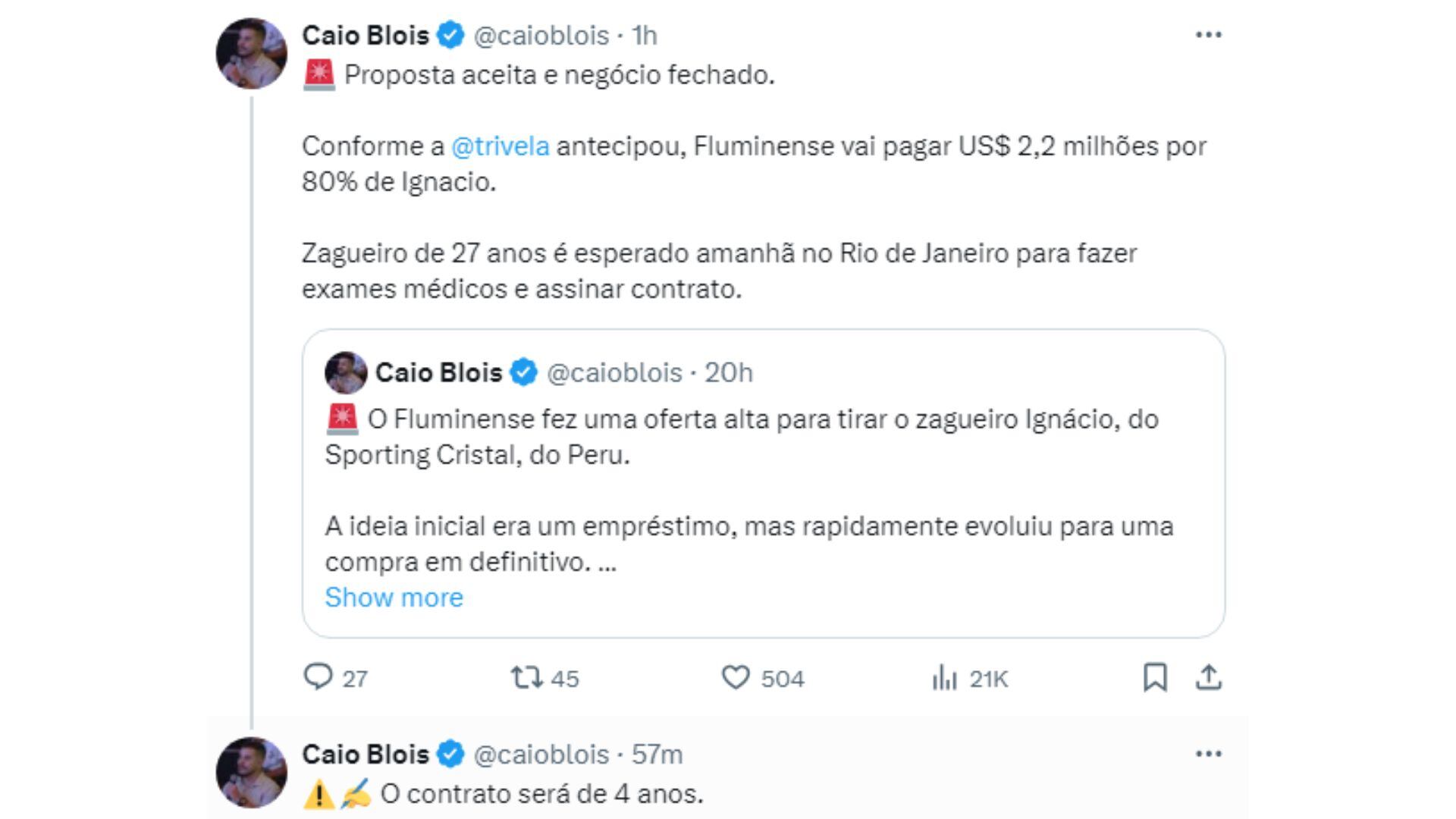 Periodista brasileño confirmó partida de Ignácio da Silva a Fluminense.