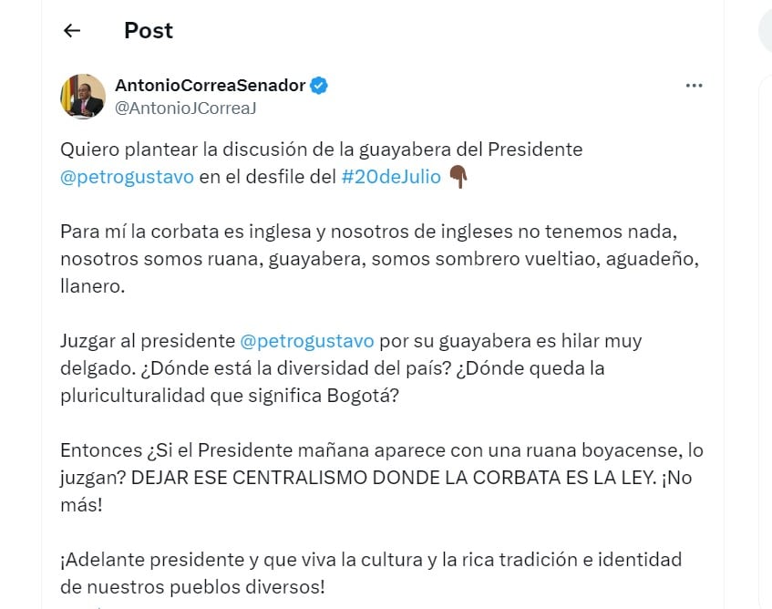 Antonio Correa se va en contra de quienes criticaron la guayabera utilizada por Gustavo Petro - crédito @AntonioJCorreaJ