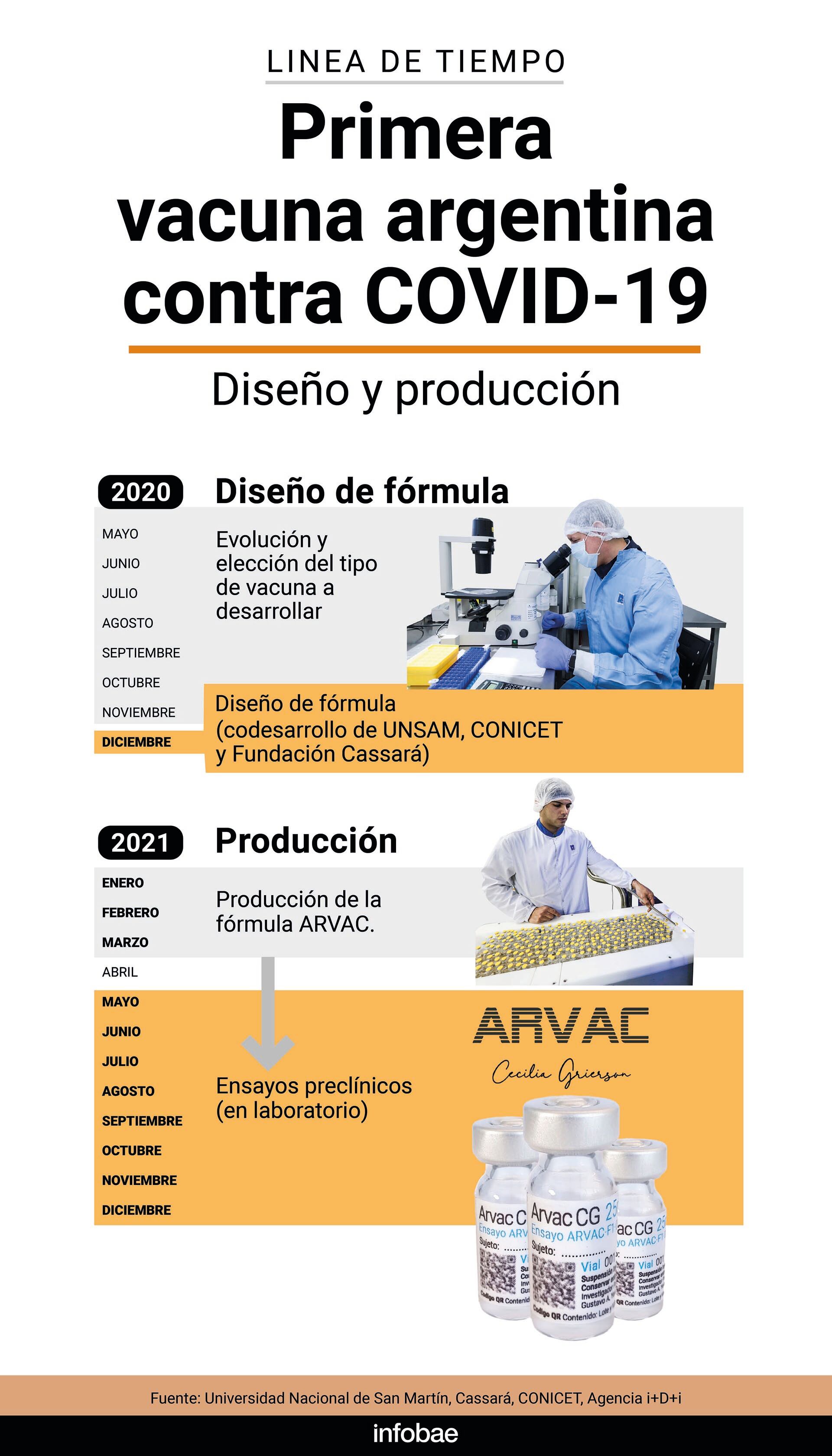 infografía hitos, línea de tiempo, de la vacuna argentina contra el COVID ARVAC (infografía Marcelo Regalado)