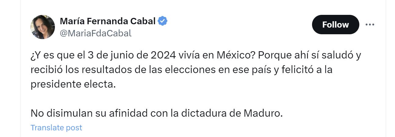 María Fernanda Cabal cuestionó postura de Francia Márquez con respecto a los resultados electorales en Venezuela - crédito @MariaFdaCabal/X