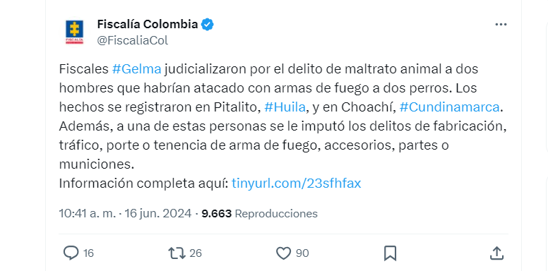 El Gelma (Grupo Especial para la Lucha contra el Maltrato Animal) es la seccional de la Fiscalía General de la Nación que atiende los casos de maltrato animal en el país - crédito @FiscaliaCol/X