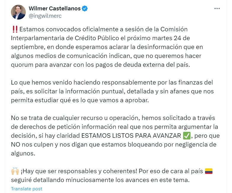 El representante a la Cámara calificó de irresponsable las declaraciones del Gobierno frente al debate del proyecto económico - crédito @ingwilmerc/X