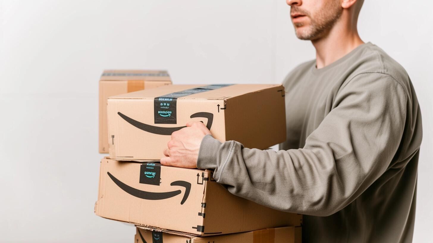 Trabajador de delivery carga cajas de Amazon, asegurando el transporte seguro y eficiente de pedidos internacionales hasta la puerta del cliente, superando barreras de aduana e importación. Representa la evolución de las compras en tiendas online. (Imagen ilustrativa Infobae)