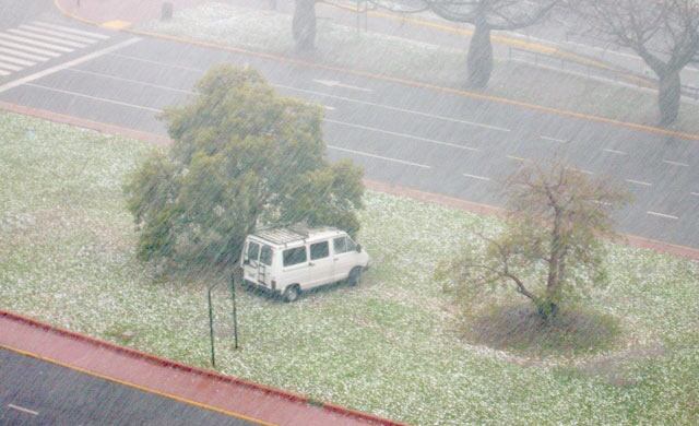 Un conductor de una camioneta intenta salvarse del granizo debajo de un árbol