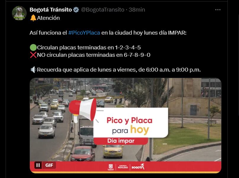 Pico y placa en Bogotá para este lunes 7 de octubre de 2024 - crédito @BogotaTransito/X