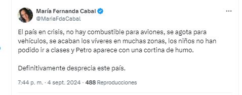 La senadora María Fernanda Cabal criticó al presidente Gustavo Petro por la crisis que se vive en el país por cuenta del paro de camioneros - crédito @MariaFdaCabal/X