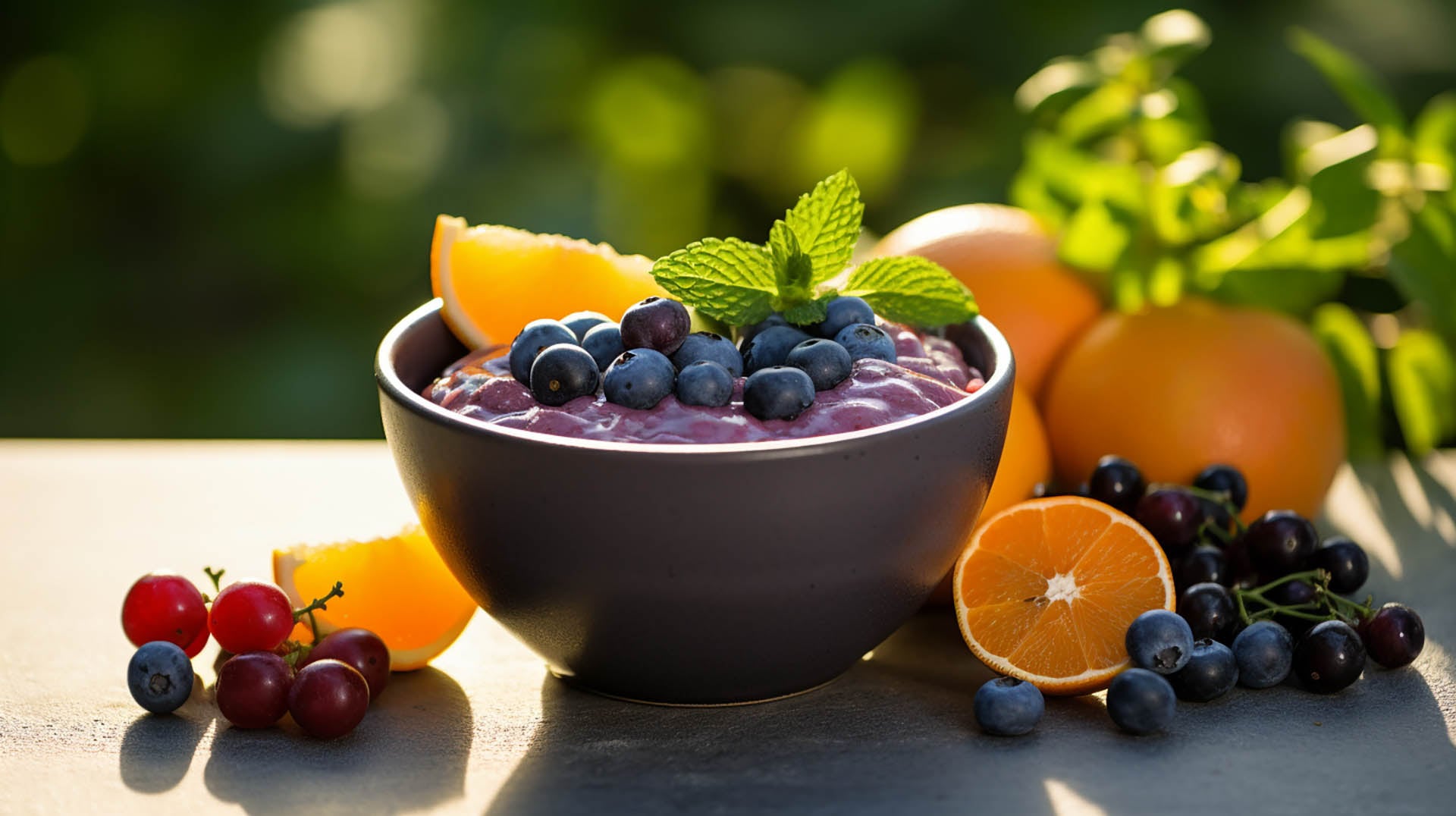 Un delicioso y colorido bowl de açaí lleno de nutrientes. La base de açaí púrpura oscuro está cubierta con una variedad de frutas frescas, nueces y semillas, creando una comida saludable y visualmente atractiva.