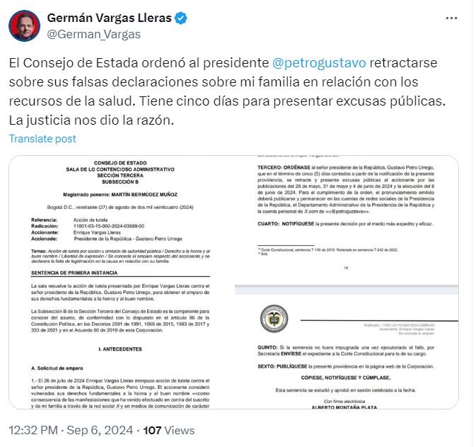 Consejo de Estado ordenó al presidente Petro retractarse sobre acusaciones en contra de la familia de Germán Vargas Lleras - crédito Consejo de Estado