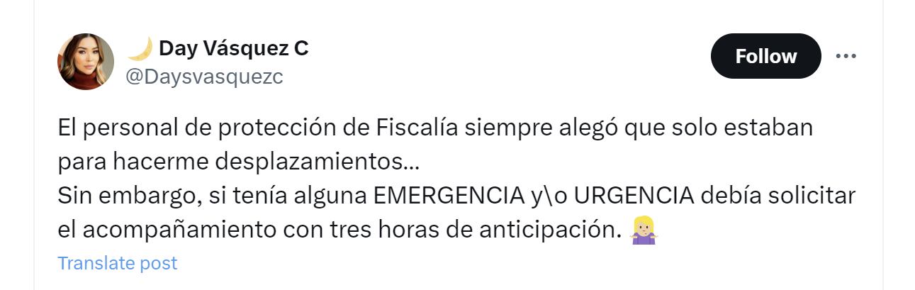 Day Vásquez se refirió a la pérdida de su esquema de seguridad - crédito @Daysvasquezc7X