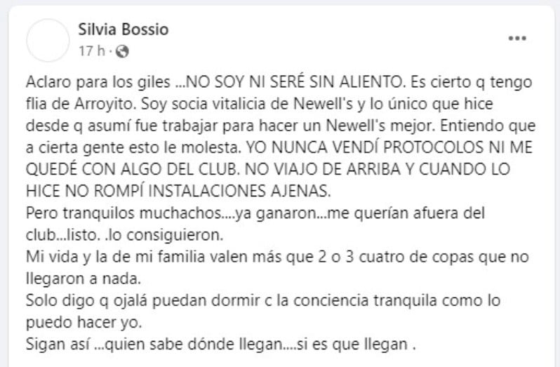 Renuncia Silvia Bossio comisión directiva de Newell's Old Boys