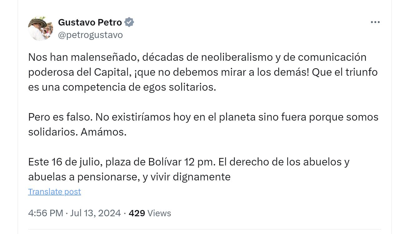 El presidente Gustavo Petro resaltó la importancia de la solidaridad para defender la reforma pensional - crédito @petrogustavo/X