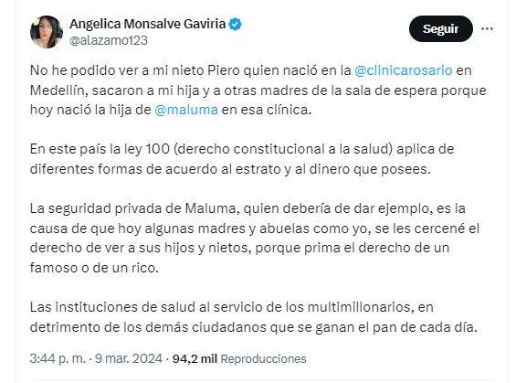 Angélica Monsalve aseguró que sacaron a las madres de la sala de espera de la Clínica El Rosario por el nacimiento de la hija de Maluma - crédito @alazamo123/X