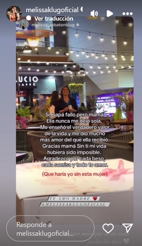 Melissa Klug compartió el mensaje de Melissa Lobatón. IG Infobae Perú