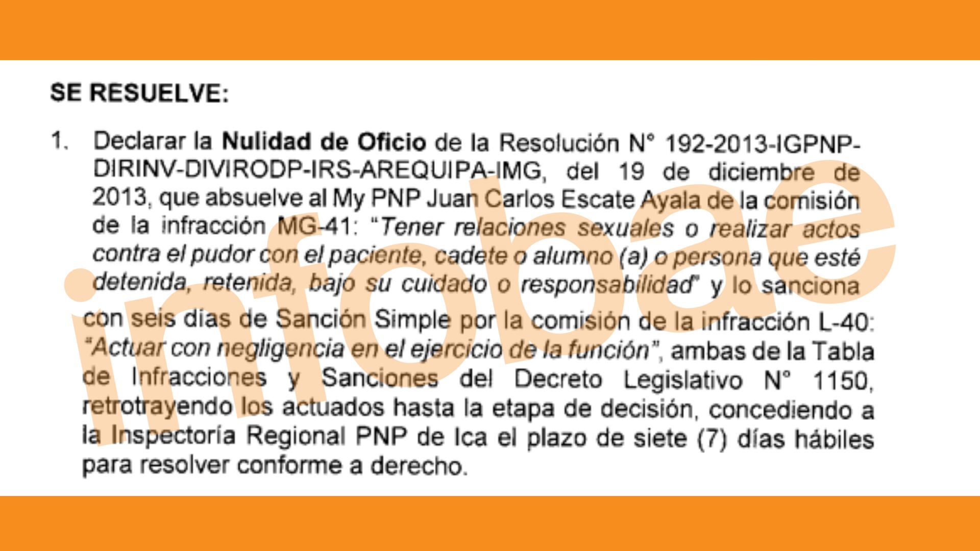 La Primera Sala Permanente del Tribunal de Disciplina Policial declaró nula la sanción de una falta identificada como ‘Muy Grave’ contra el entonces mayor PNP Juan Carlos Escate Ayala. (Foto: Composición - Infobae/Renato Silva)