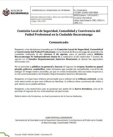 Este es el escrito que emitió el Comité de Seguridad y Convivencia de la alcaldía de Bucaramanga - crédito Prensa Alcaldía de Bucaramanga