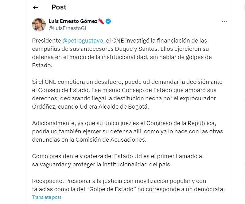 Luis Ernesto Gómez cuestiona las críticas del presidente Petro al CNE - crédito @LuisErnestoGL