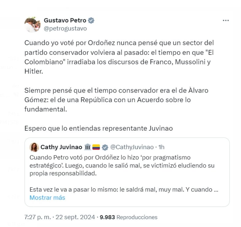 Gustavo Petro respondió a las críticas de Catherine Juvinao, al afirmar que no podía prever el giro político de Alejandro Ordóñez - crédito @petrogustavo/X