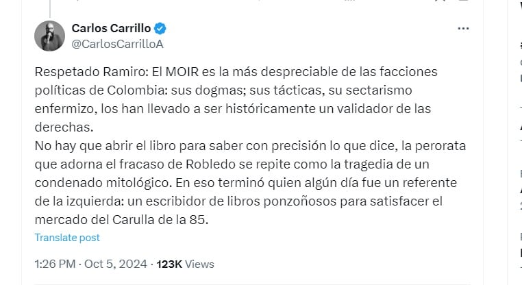 Carlos Carrillo criticó el libro que recientemente publicó Jorge Robledo - crédito @CarlosCarrilloA