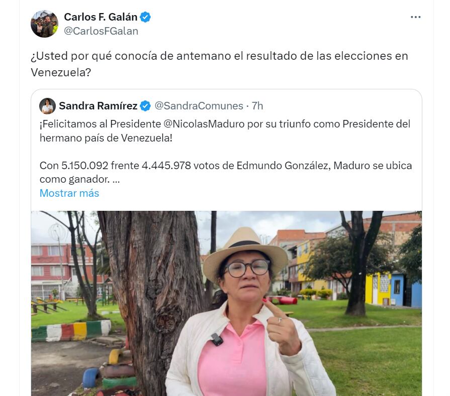 Galán cuestiona a Sandra Ramírez, senadora de Comunes, tras resultados en Venezuela - crédito @CarlosFGalan/X