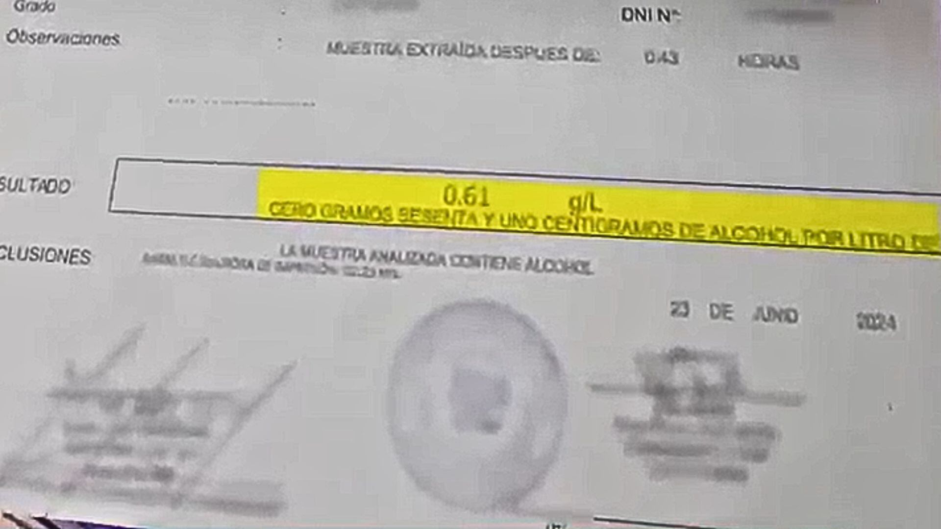 Resultados de la prueba de dosaje etílico a Fiorella Cayo. Captura/Magaly TV