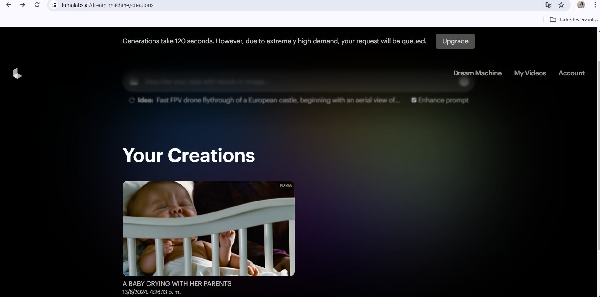 Luma tarde aproximadamente dos minutos en generar el video. (Luma Dream Machine)