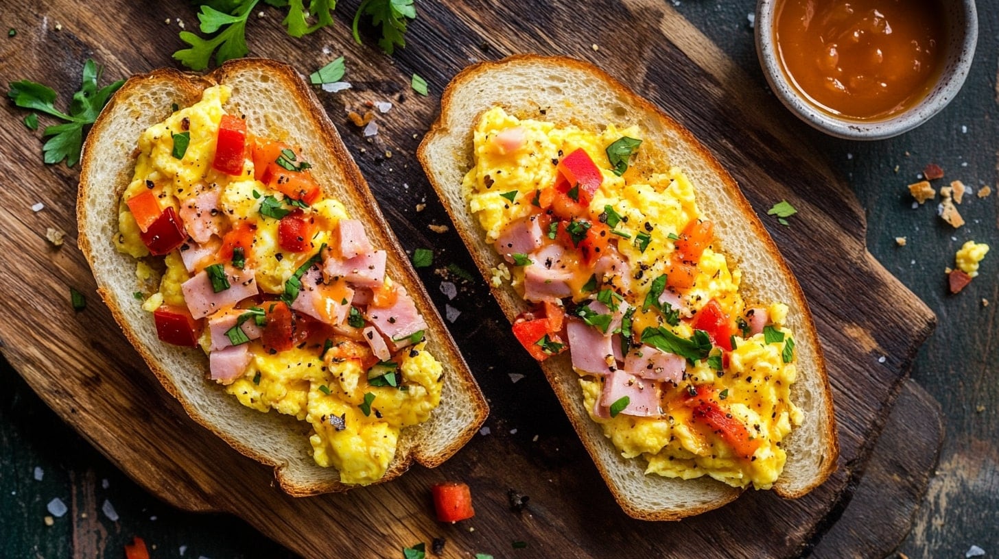 Imagen de un sándwich con huevo revuelto, jamón y pimientos en pan tostado, mostrando una opción sabrosa y nutritiva. Otras opciones: desayuno equilibrado, comida rápida, mezcla de ingredientes. - (Imagen Ilustrativa Infobae)