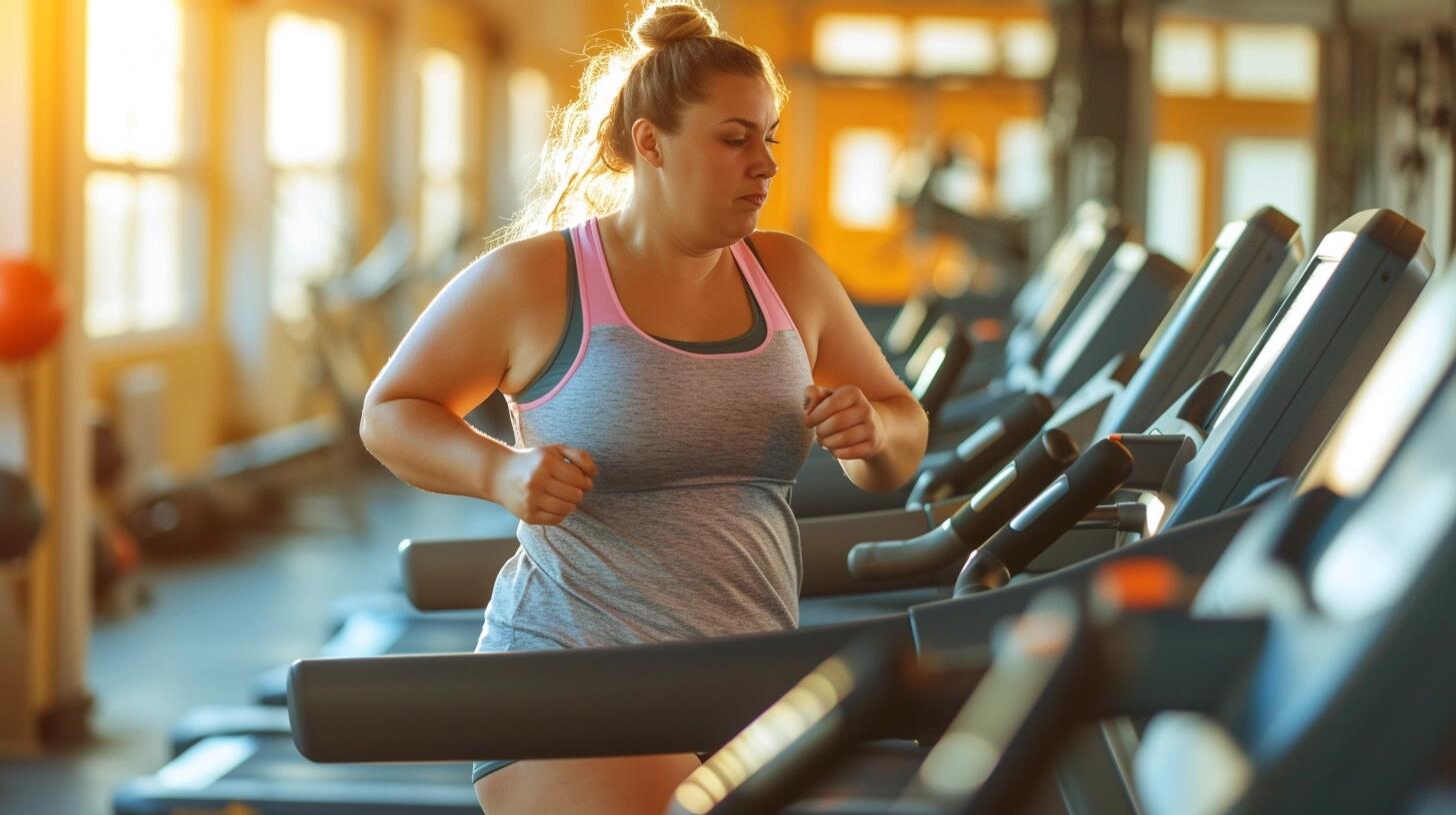 Mujer joven de talla grande corriendo en una cinta en el gimnasio, enfocada y energética, promoviendo un estilo de vida saludable. La fotografía capta su determinación y el esfuerzo físico, independientemente de su peso, enfatizando la importancia de la actividad física en el bienestar personal. (Imagen ilustrativa Infobae)