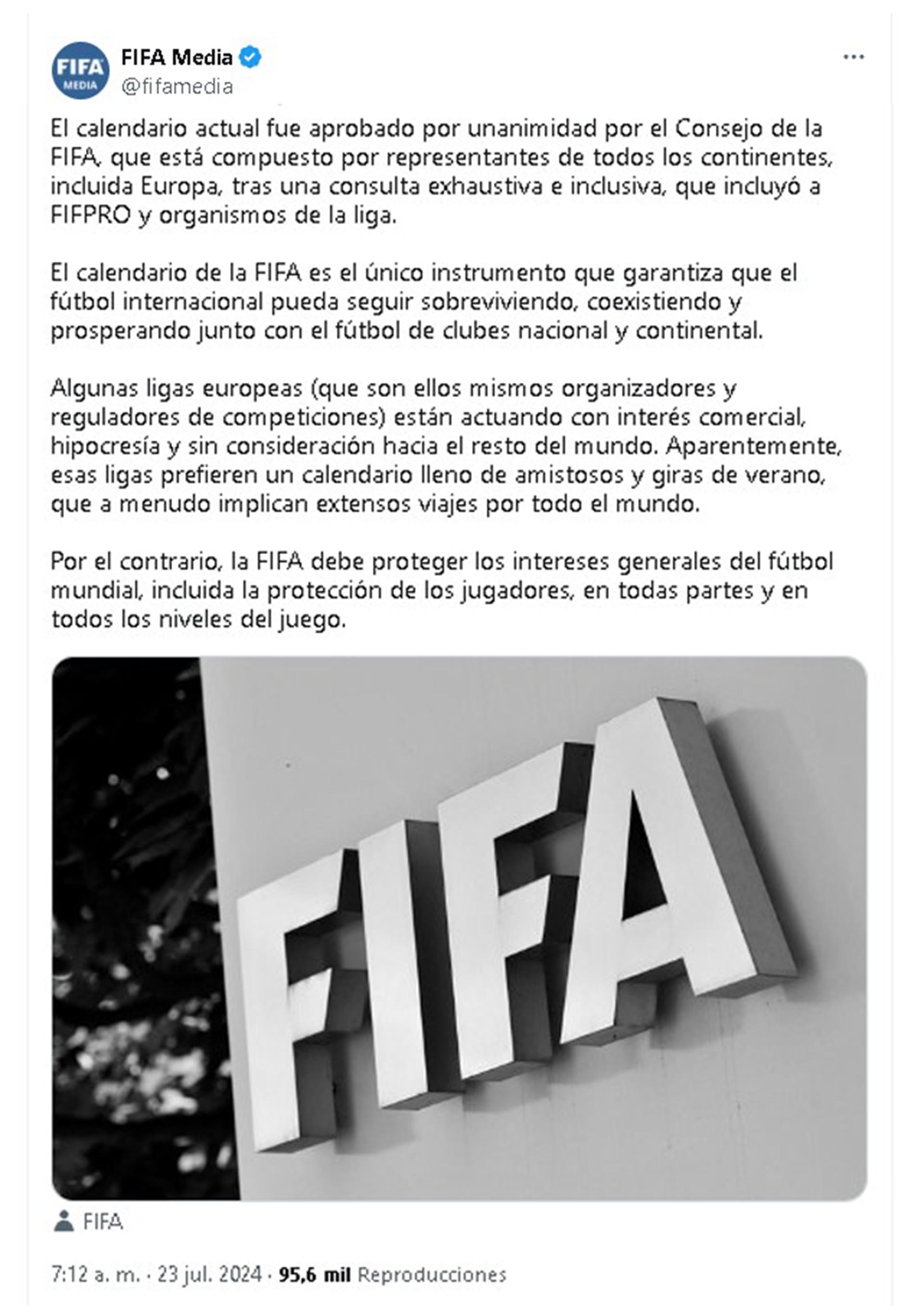 Respuesta de FIFA a FIFPRo y Ligas de Europa