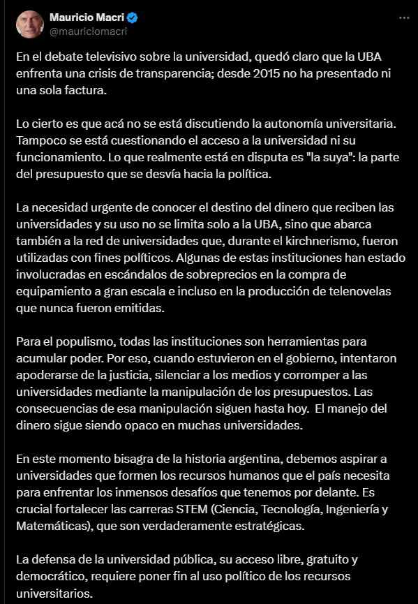 Tuit de Macri sobre los fondos universitarios